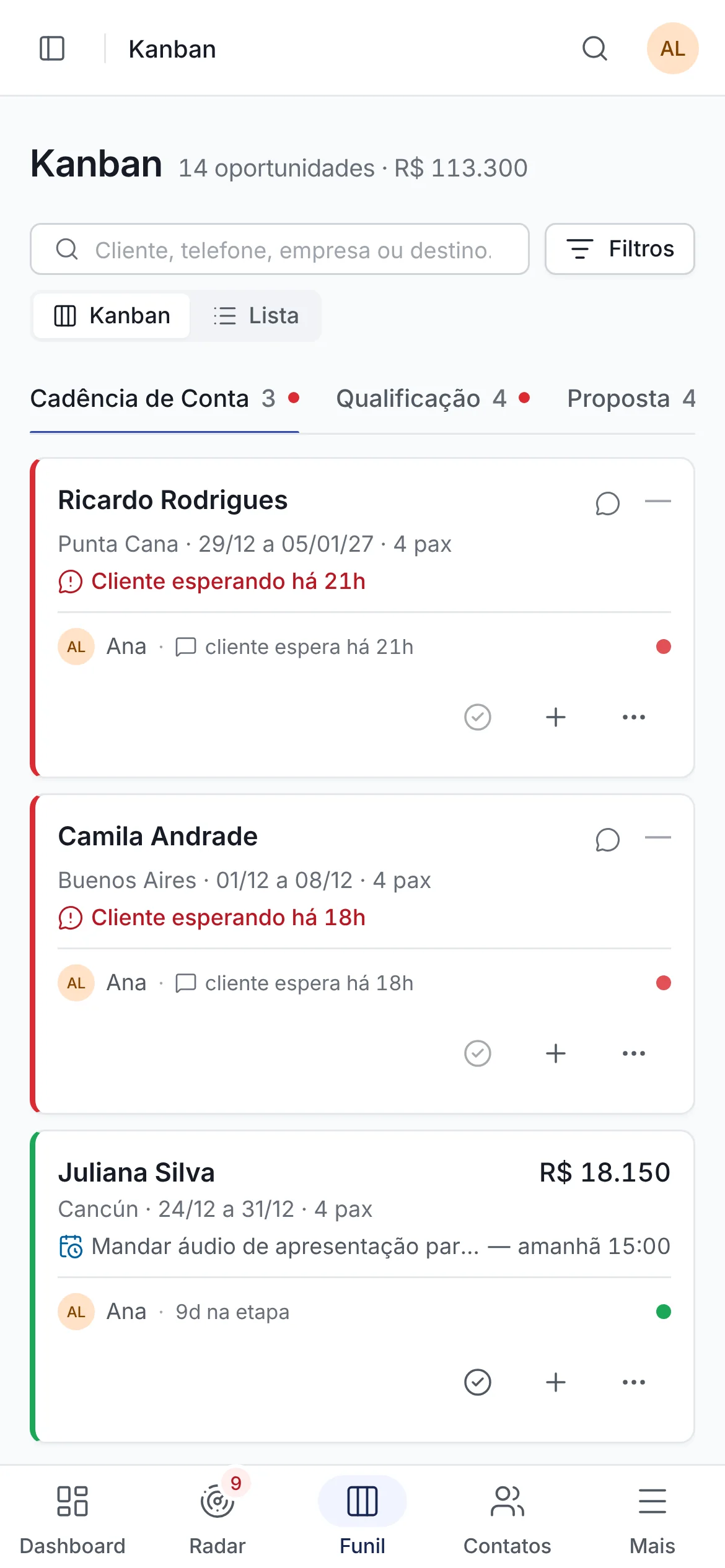 Kanban da Selltio com as colunas do funil e cards com a situação do Radar