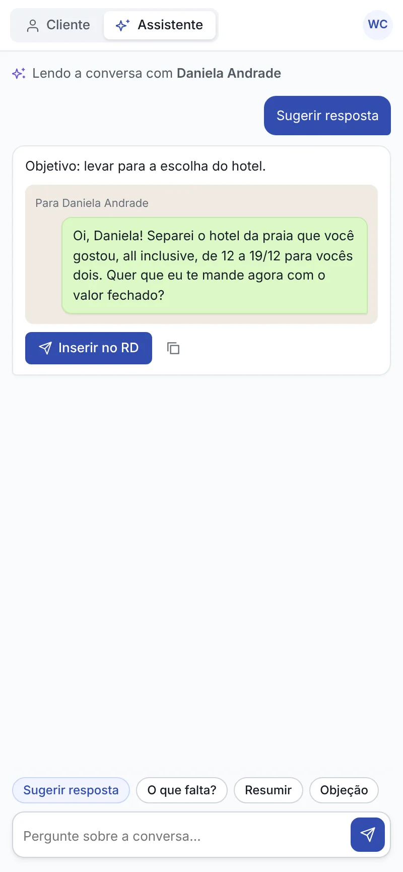 Assistente da extensão com uma resposta pronta para inserir na conversa de WhatsApp